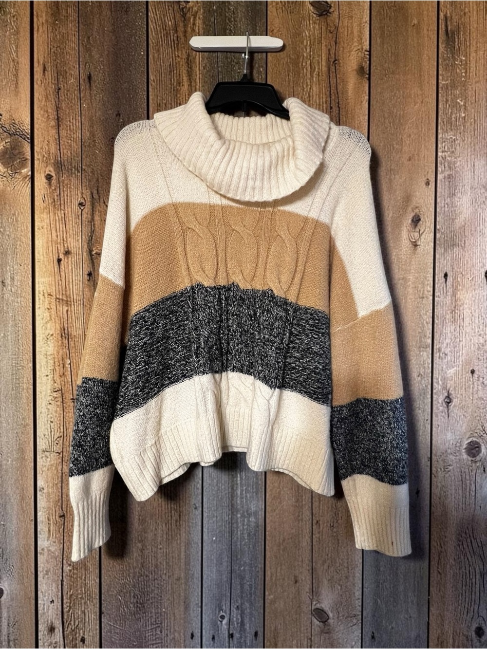 Lane Bryant Cable Knit Colorblock Cowl Sweater - Cream, Tan & Charcoal